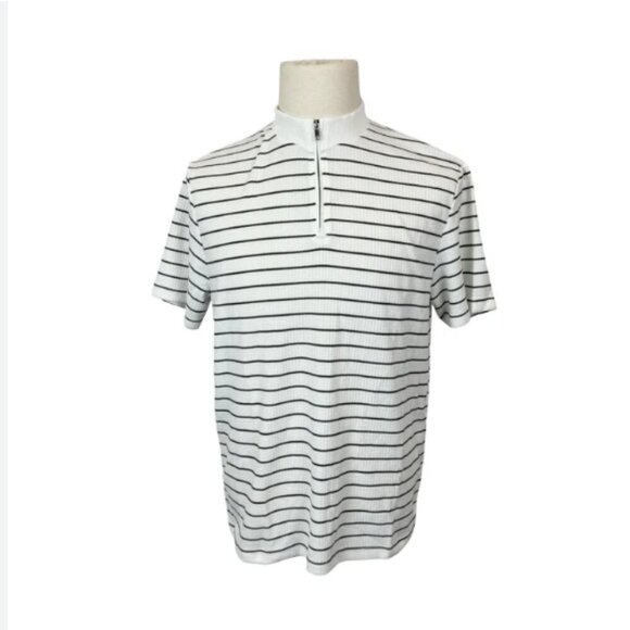 Reiss Half Zip Cotton Blend Textured Striped Short Sleeve Shirt Size Large - Picture 1 of 2